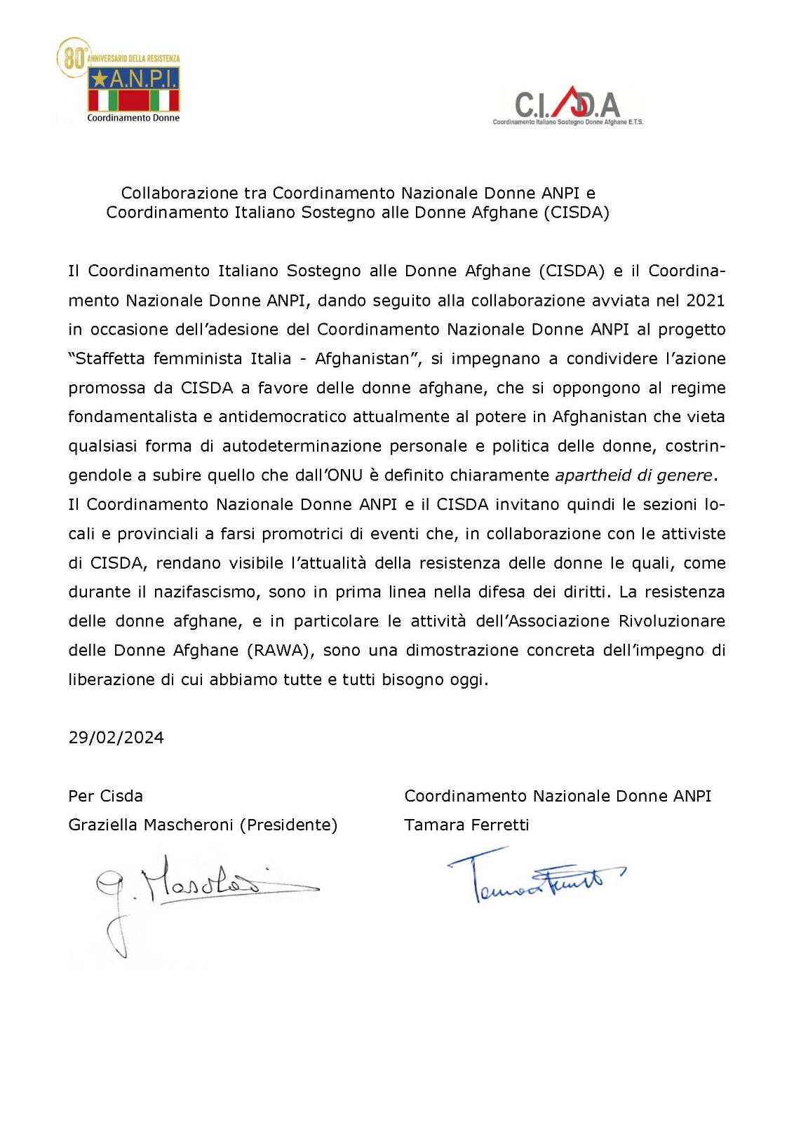 Lettera ANPI CISDA